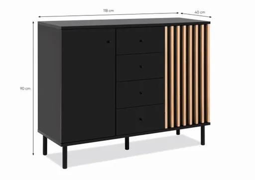 Kommode - B ca. 118 cm, Schwarz, Artisan Eiche Nachbildung