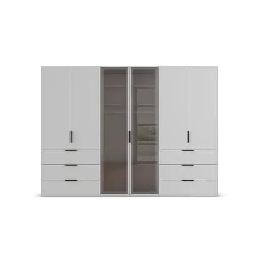 Drehtürenschrank - B. ca. 300 cm, Seidengrau Dekor, Glasrahmentüren Schwarz