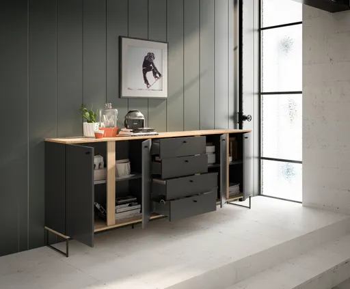 Sideboard - B ca. 225 cm, Anthrazit, Evoke Eiche Nachbildung