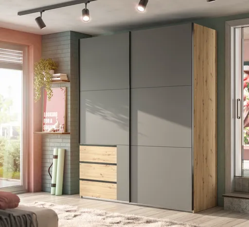 Schwebetürenschrank- B ca. 200 cm, Eiche Dekor, Graphit