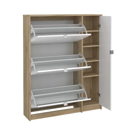 Schuhschrank - B ca. 99 cm, Eiche Struktur Nachbildung, Weiß Hochglanz