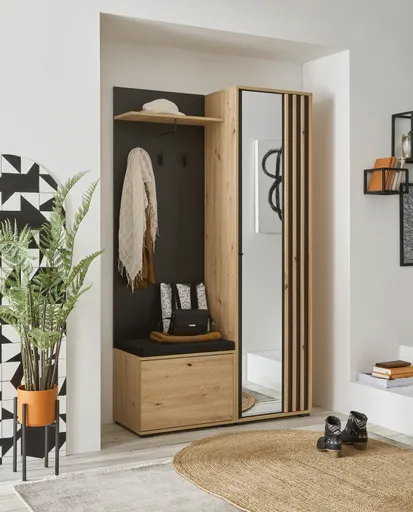 Kompaktgarderobe- Eiche Dekor, Schwarz