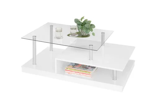 Couchtisch - LB ca. 110x60 cm, Glas, Edelstahloptik, Weiß Hochglanz