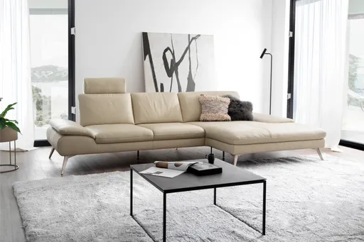 Ecksofa Collina - 2,5-Sitzer, Longchair rechts, inklusive Kopfstütze, Leder, Ecru