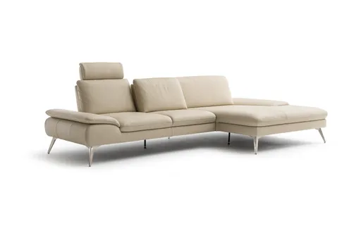 Ecksofa Collina - 2,5-Sitzer, Longchair rechts, inklusive Kopfstütze, Leder, Ecru