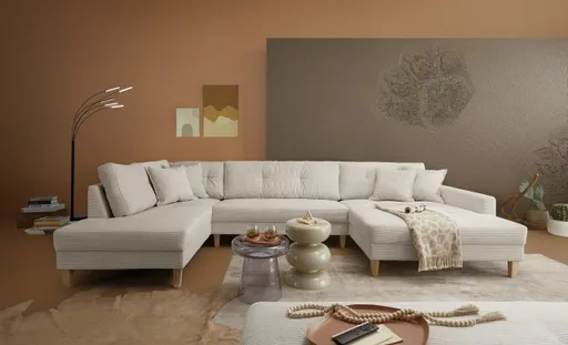 Wohnlandschaft - Ecke links, 2-Sitzer, Longchair rechts, Stoff, Creme