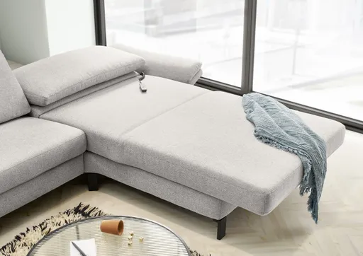 Ecksofa - 3-Sitzer mit Longchair rechts, Relaxfunktion motorisch, Stoff, Hellgrau