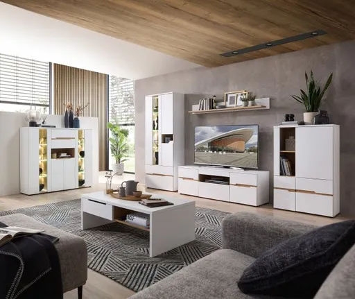 Wohnwand - mit Beleuchtung, Weiß, Artisan Eiche Nachbildung