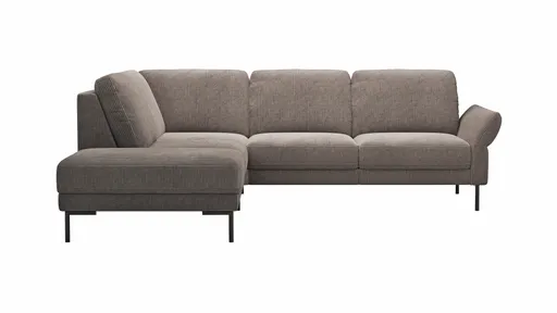 Ecksofa Rockport A - Ecke links mit 2,5-Sitzer rechts, inkl. Sitzauszug (motorisch) und Armlehne klappbar, Stoff, Braun
