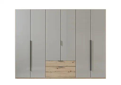 Drehtürenschrank WANJA- B ca. 270 cm, Eiche Dekor, Glas, Saharagrau