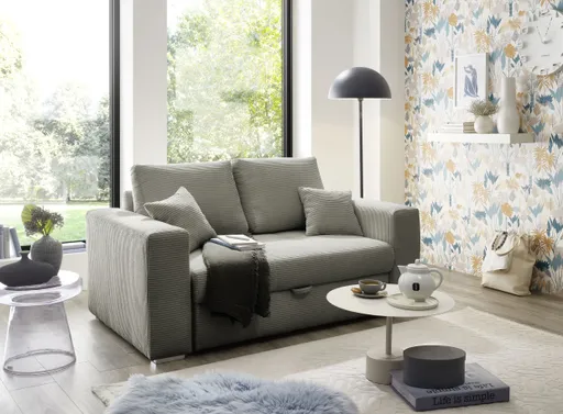 Sofa JORDEN 2 - 2-Sitzer inkl. Schlaffunktion mit Bettkasten, Cord, Taupe