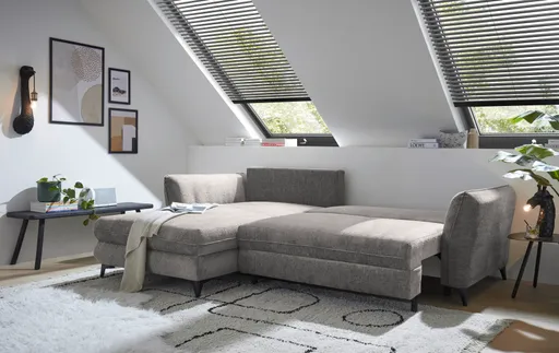 Ecksofa - Longchair links mit 2-Sitzer, Schlaffunktion mit Bettkasten, Stoff, Steingrau