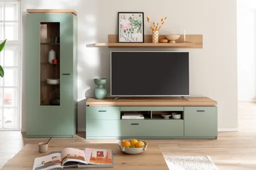 TV-Lowboard - mit Beleuchtung, B ca. 195 cm, Salbeigrün, Eiche Evoke Nachbildung