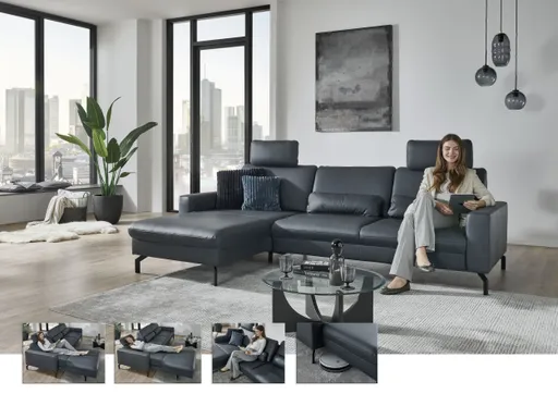 Ecksofa - Longchair links mit 3-Sitzer, Leder, Blau