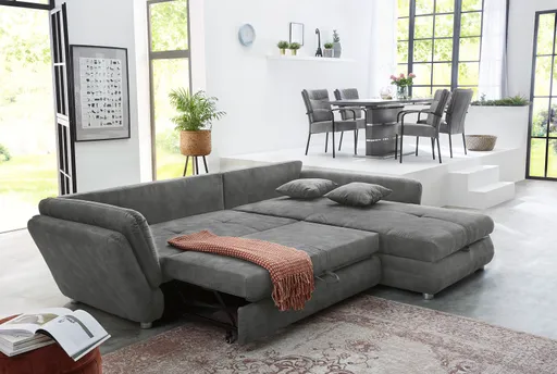 Ecksofa - 2-Sitzer, Ecke rechts inkl. Schlaffunktion und Bettkasten, Stoff, Grau