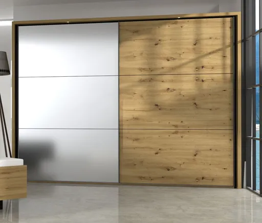 Schwebetürenschrank FARIDA - mit Passpartout, Beleuchtung, B. ca. 280 cm, Eiche Dekor