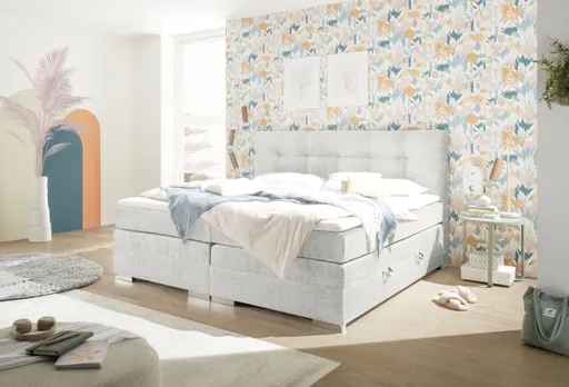 Boxspringbett SANDRIN I- Liegefläche ca. 200x200 cm, Stoff, Weiß, inkl. Stauraum