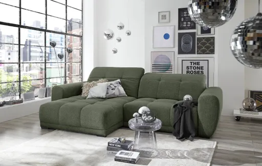 Ecksofa - Longchair links mit 2-Sitzer, Kopfteil verstellbar, Sitztiefe verstellbar motorisch, Stoff, Moos