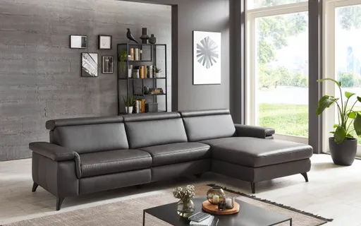 Ecksofa - 2-Sitzer mit Longchair rechts, Leder, Anthrazit