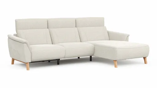 Ecksofa Nevin - 2-Sitzer mit Longchair rechts, inkl. Relaxfunktion (motorisch) und Kopfpolsterverstellung, Stoff, Weiß