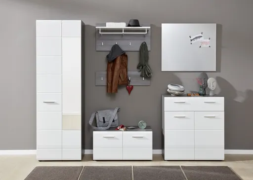 Garderobe - Weiß Hochglanz, Grau
