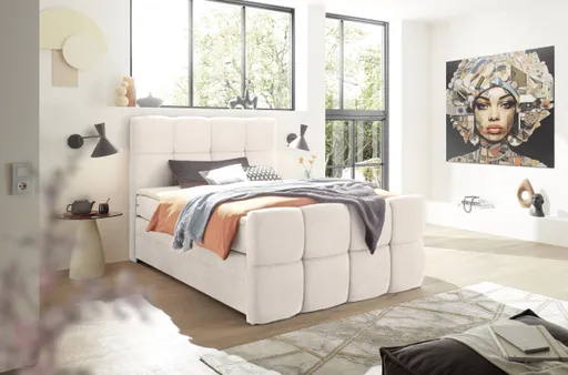 Boxspringbett SANDRIN R- Liegefläche ca. 160x200 cm, Stoff, Creme, inkl. Stauraum und Fußteil