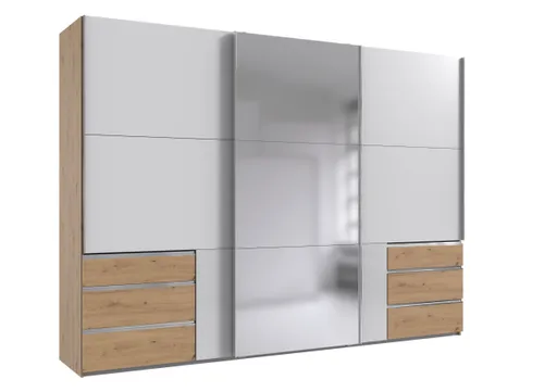 Schwebetürenschrank- B ca. 300 cm, Eiche Dekor, Weiß, Spiegel