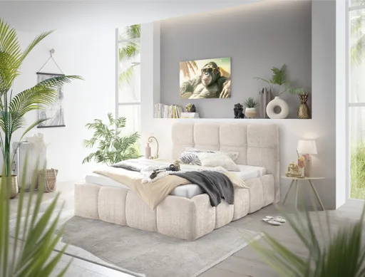 Bettgestell SANDRIN R- Liegefläche ca. 140x200 cm, Stoff, Creme, inkl Latterost und Stauraum