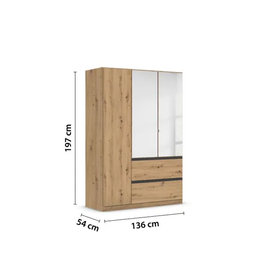 Drehtürenschrank RASA- B ca. 136 cm, Eiche Dekor, Spiegel