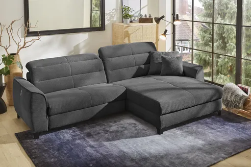 Ecksofa - 1-Sitzer mit Longchair rechts, Relaxfunktion motorisch, Kopfteil verstellbar, Cord, Grau