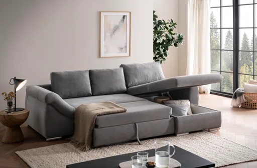 Ecksofa - 2-Sitzer, Ecke rechts inkl. Schlaffunktion mit Bettfunktion, Stoff, Ash