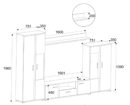 Wohnwand- Eiche  Dekor, Schwarz