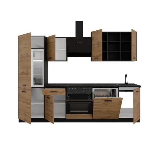 Küchenblock- ohne E-Geräte, B ca. 280 cm, Schwarz, Eiche Dekor