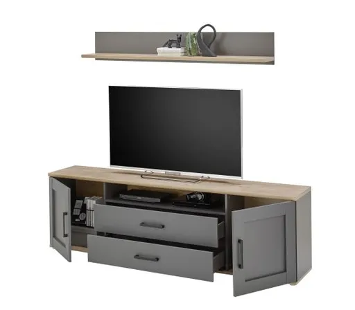 Lowboard - inkl. Wandboard, Grau, Artisan Eiche Nachbildung