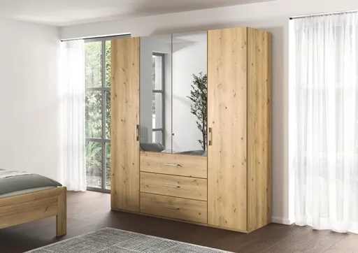 Drehtürenschrank - B. ca. 201 cm, mit Spiegeltüren und 3 Schubkästen, Fronten Asteiche Massiv