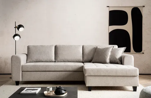 Ecksofa - 2-Sitzer, Ecke rechts inkl. Schlaffunktion mit Bettkasten, Stoff, Steingrau