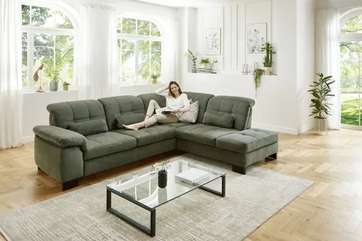 Ecksofa - 3-Sitzer mit Ecke rechts, Kopfteil verstellbar, Stoff, Moos