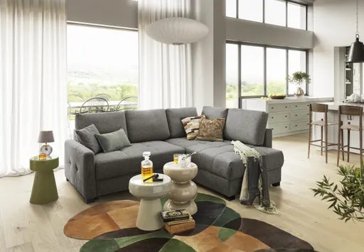 Ecksofa EDWIN - 2-Sitzer, Ecke rechts inkl. Schlaffunktion und Bettkasten, Stoff, Braun