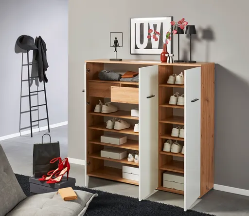 Schuhschrank - B ca. 135 cm, Artisan Eiche Nachbildung, Weiß