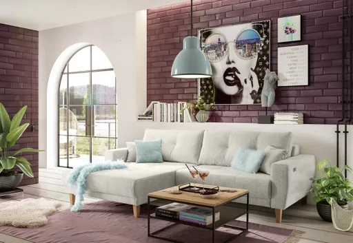 Ecksofa - Ecke links, 3-Sitzer inkl. elektrische Sitztiefenverstellung, Stoff, Creme