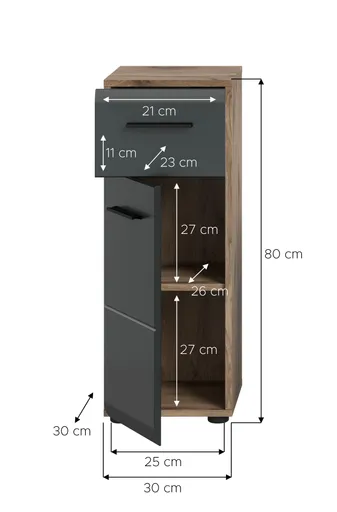 Standschrank - B ca. 30 cm, Nox Eiche Nachbildung, Schwarz