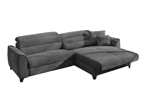 Ecksofa - 1-Sitzer mit Longchair rechts, Relaxfunktion motorisch, Kopfteil verstellbar, Cord, Grau