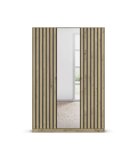 Drehtürenschrank RUERTO- B ca. 136 cm, Eiche Dekor, Dunkelgrau, Paneel, Eiche Dekor, Spiegel