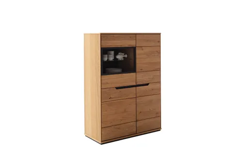 Highboard - B ca. 93 cm, Eiche Furnier geölt, Wildeiche massiv geölt