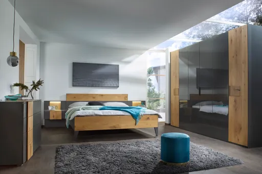 Drehtürenschrank - B. ca. 301 cm, Außentüren Wildeiche massiv mit Hirnholzeinlage massiv, Farbglas Graphit