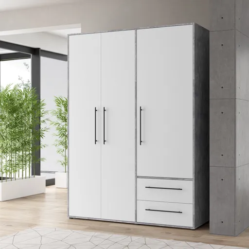 Drehtürenschrank FATHIE- B ca. 144 cm, Betonoptik, Weiß