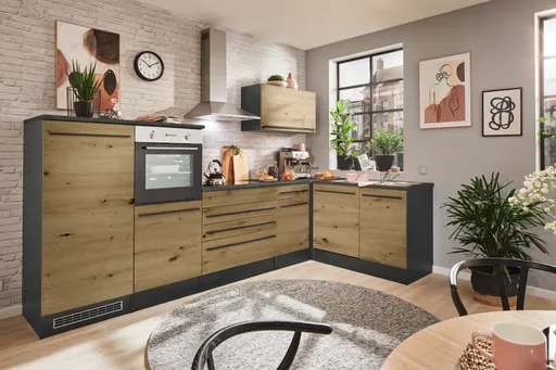 Küchenblock Eck- Inkl. E-Geräte, B ca. 320 cm, Anthrazit, Eiche Dekor