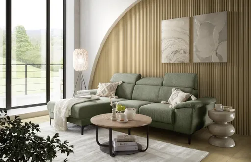 Ecksofa EZRA - Ecke links, 2-Sitzer inkl. Kopfteilverstellungen, Sitzvorzug, Stoff, Graugrün
