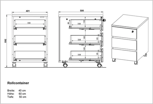 Rollcontainer GRIFFIN - B/H/T ca. 41x60x50 cm, Graphit, Eiche Dekor