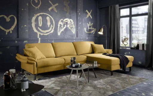 Ecksofa CALM PREMIUM 2.0 - 3-Sitzer mit Longchair rechts, Relaxfunktion motorisch, Armlehne verstellbar, Stoff, Kurkuma